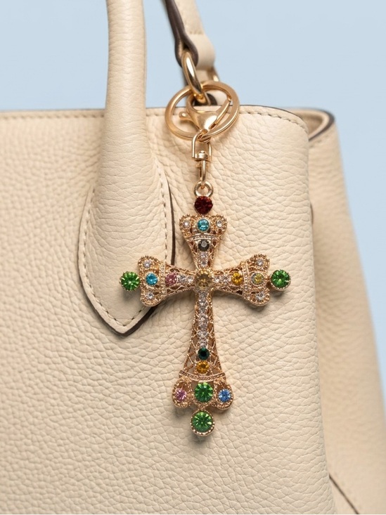 Accessories - Multicolor Rhinestone Cross Keychain or Bag Charm- Gold Tone